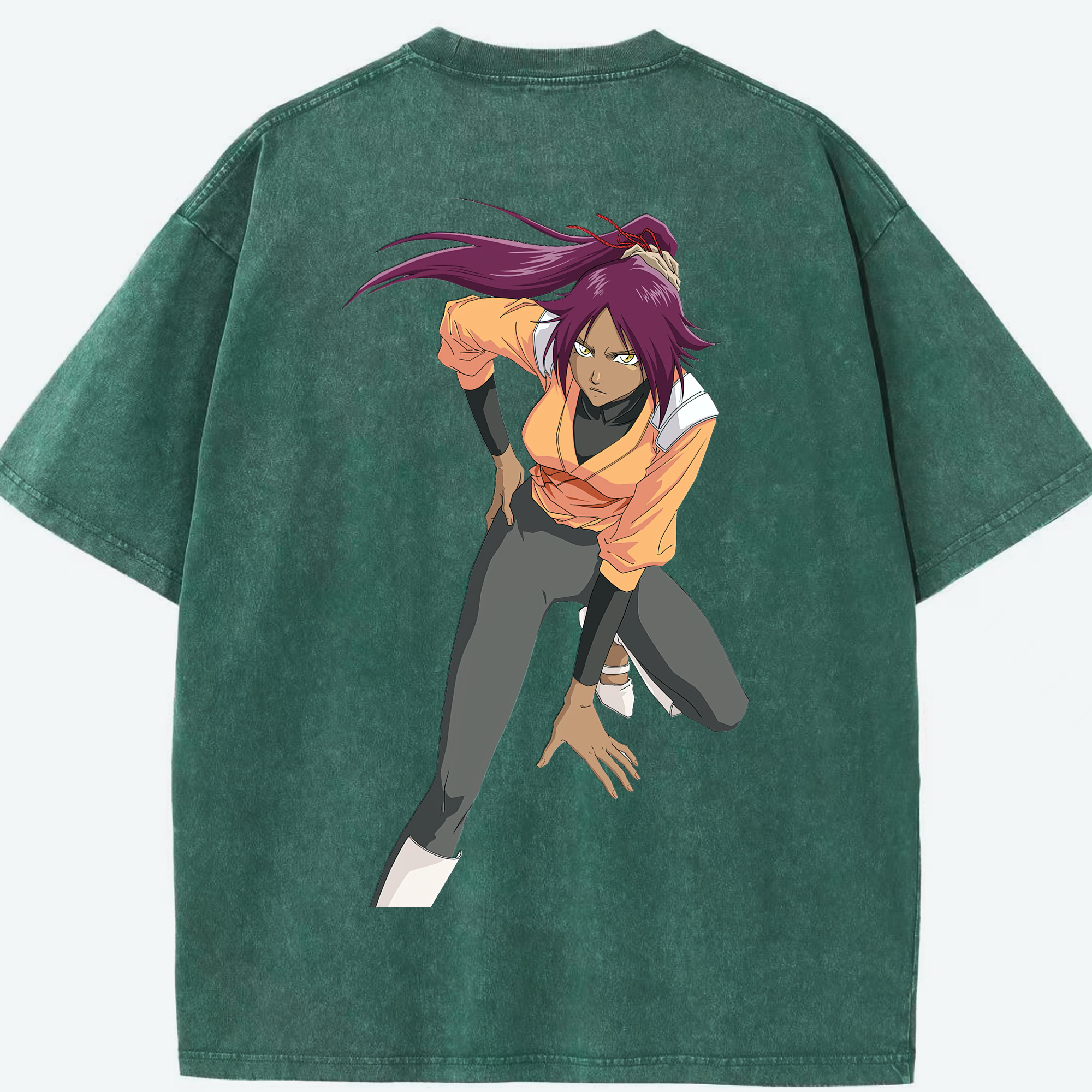 （画像用） ブリーチ 四楓院 夜一（しほういん よるいち） BLEACH Shihouin Yoruichi 綿100% ヴィンテージ風 半袖Tシャツ（背面プリント）